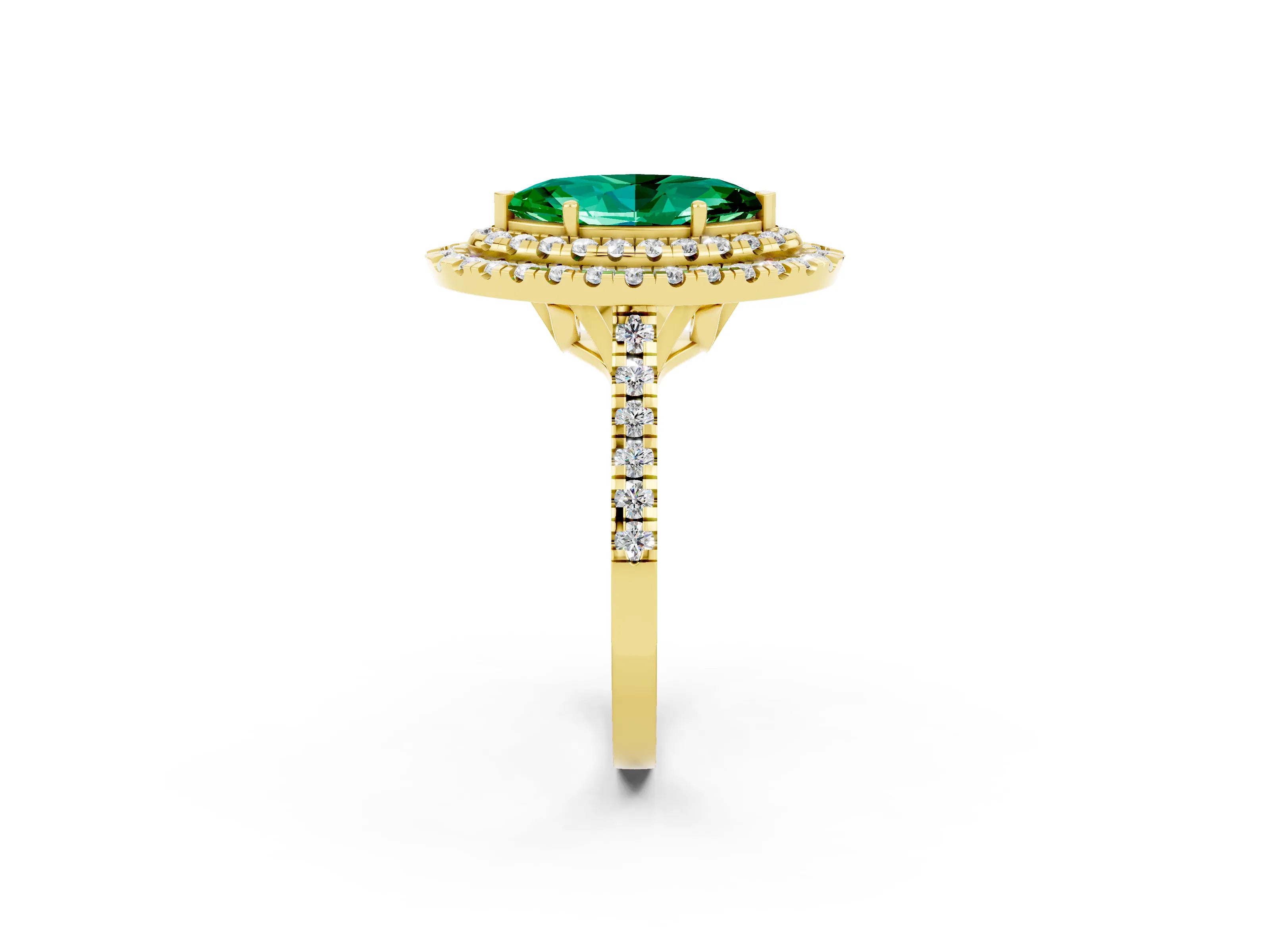 Yellow gold Double Halo Marquise Cut Emerald Pavé Band with Four-Prong Setting_2