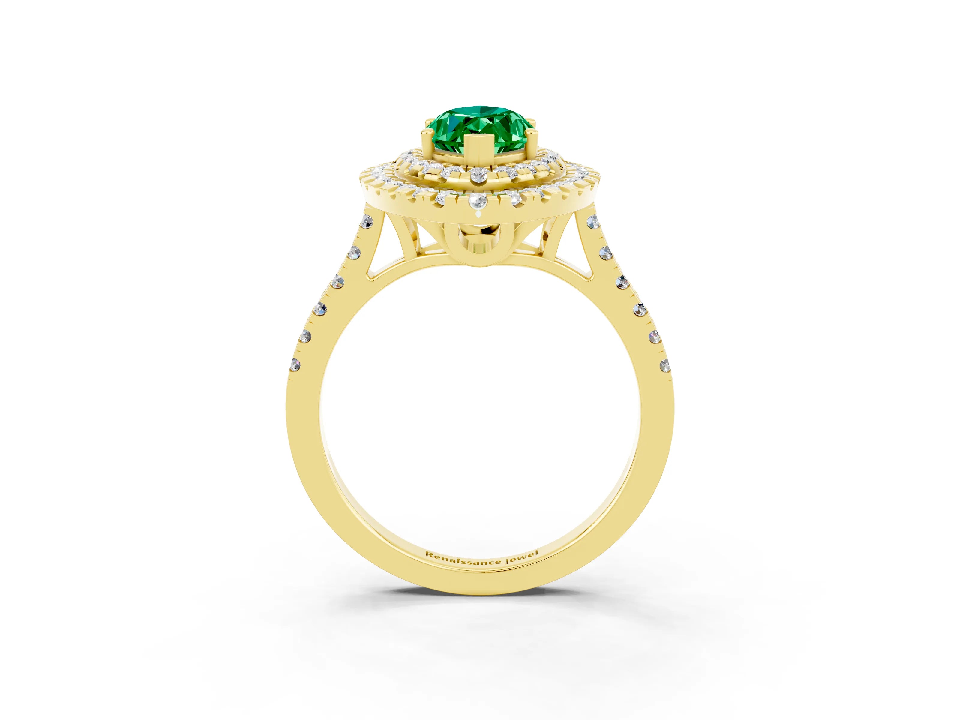 Yellow gold Double Halo Marquise Cut Emerald Pavé Band with Four-Prong Setting_3