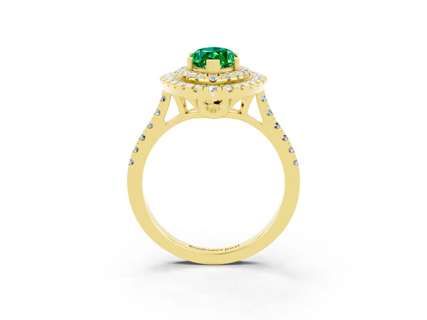 Yellow gold Double Halo Marquise Cut Emerald Pavé Band with Four-Prong Setting