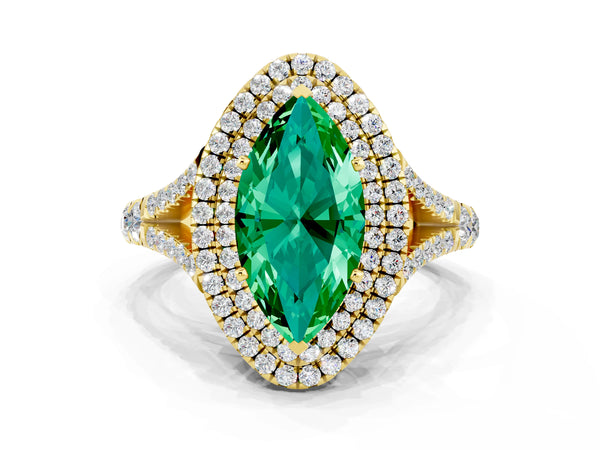Yellow gold Double Halo Marquise Cut Emerald Pavé Split Shank Ring with Prong Setting