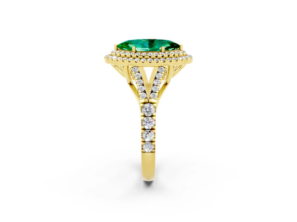 Yellow gold Double Halo Marquise Cut Emerald Pavé Split Shank Ring with Prong Setting