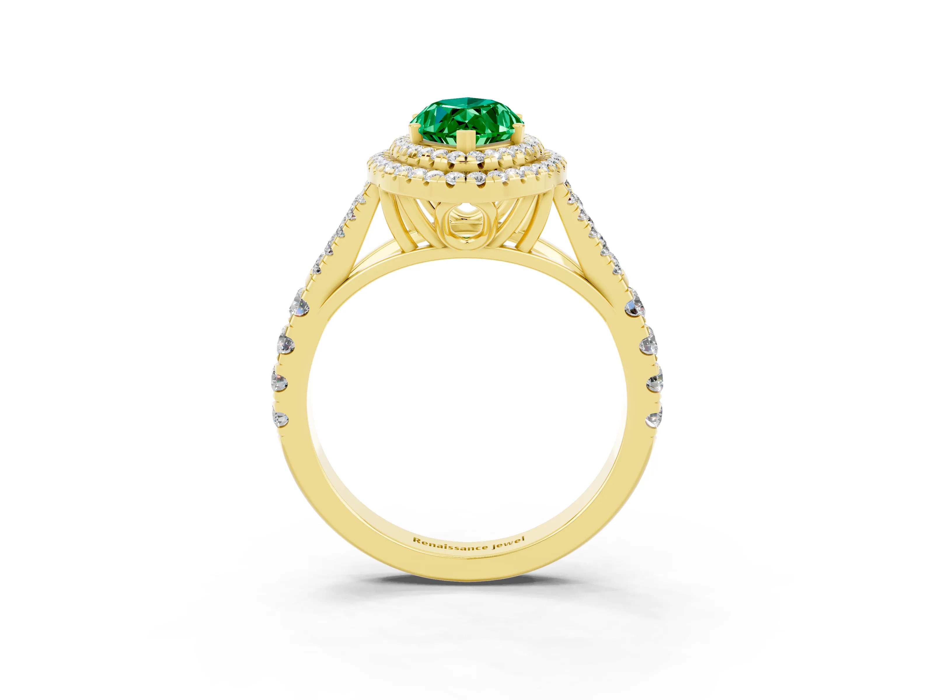 Yellow gold Double Halo Marquise Cut Emerald Pavé Split Shank Ring with Prong Setting_3