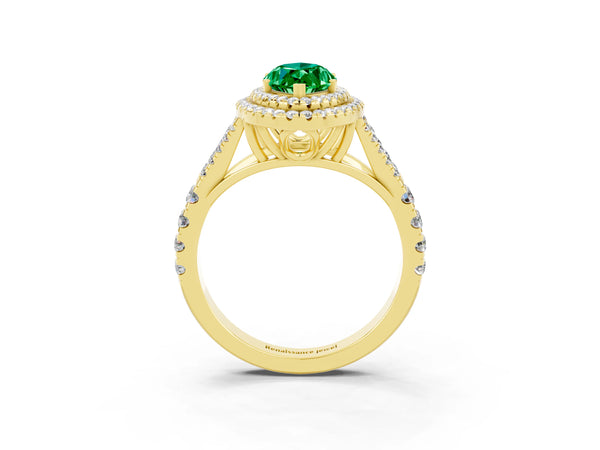 Yellow gold Double Halo Marquise Cut Emerald Pavé Split Shank Ring with Prong Setting