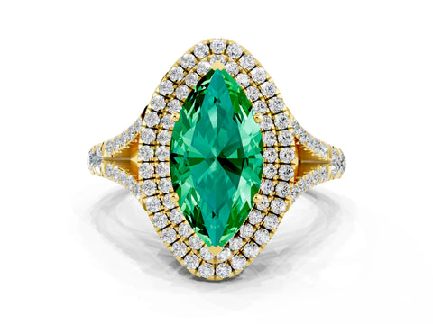 Yellow gold Double Halo Marquise Cut Emerald Pavé Split Shank Ring with Prong Setting