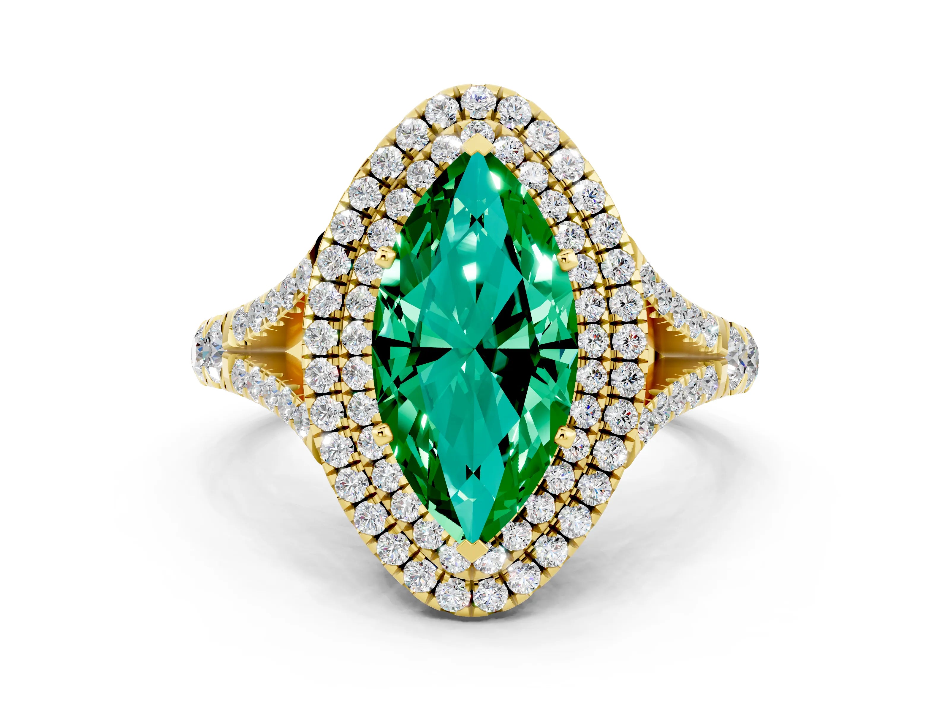 Yellow gold Double Halo Marquise Cut Emerald Split Shank Engagement Ring with Four-Prong Setting