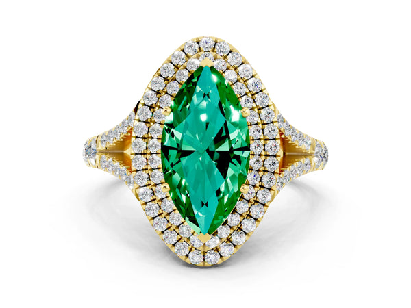 Yellow gold Double Halo Marquise Cut Emerald Split Shank Engagement Ring with Four-Prong Setting
