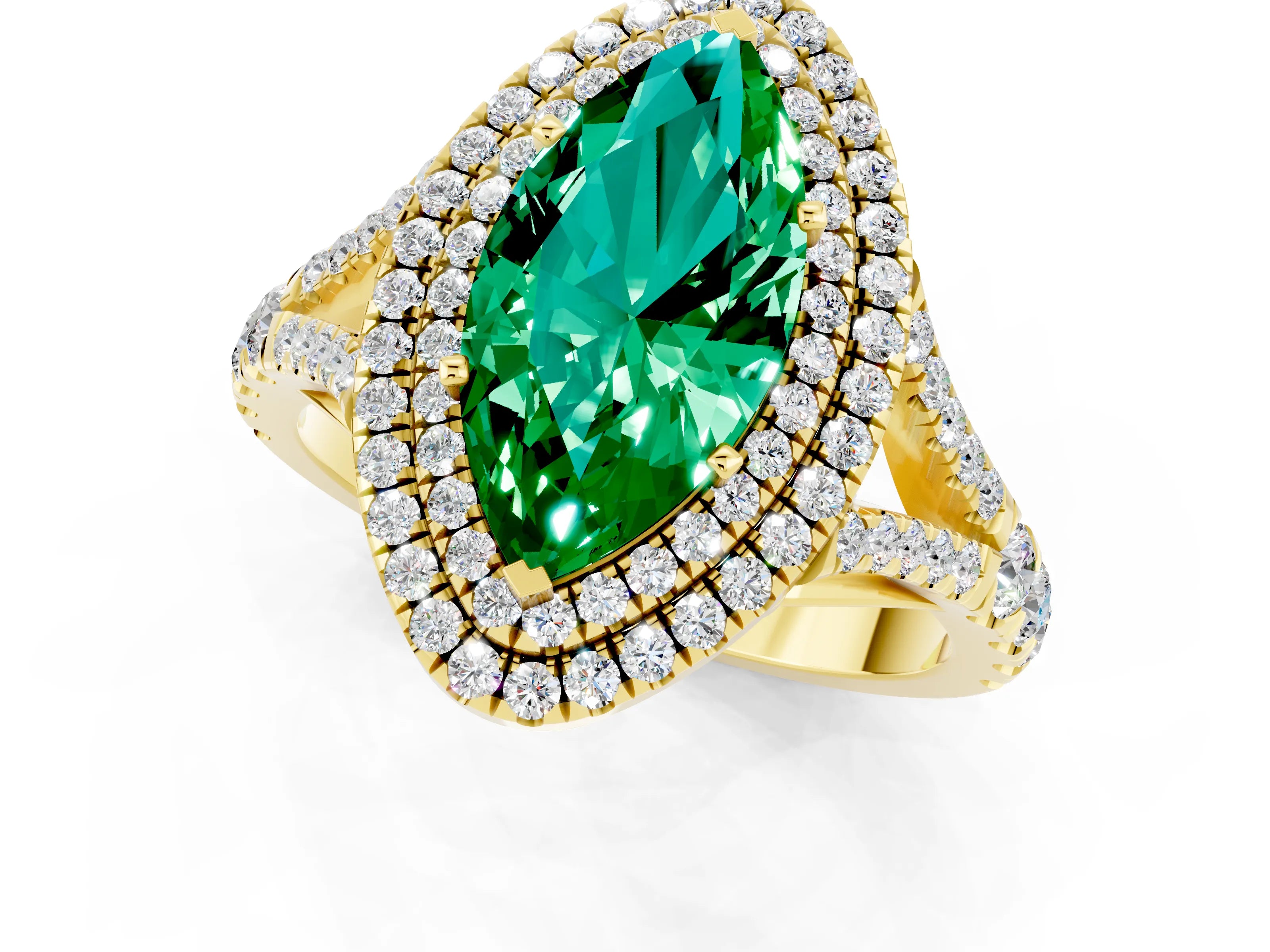 Yellow gold Double Halo Marquise Cut Emerald Split Shank Engagement Ring with Four-Prong Setting_1
