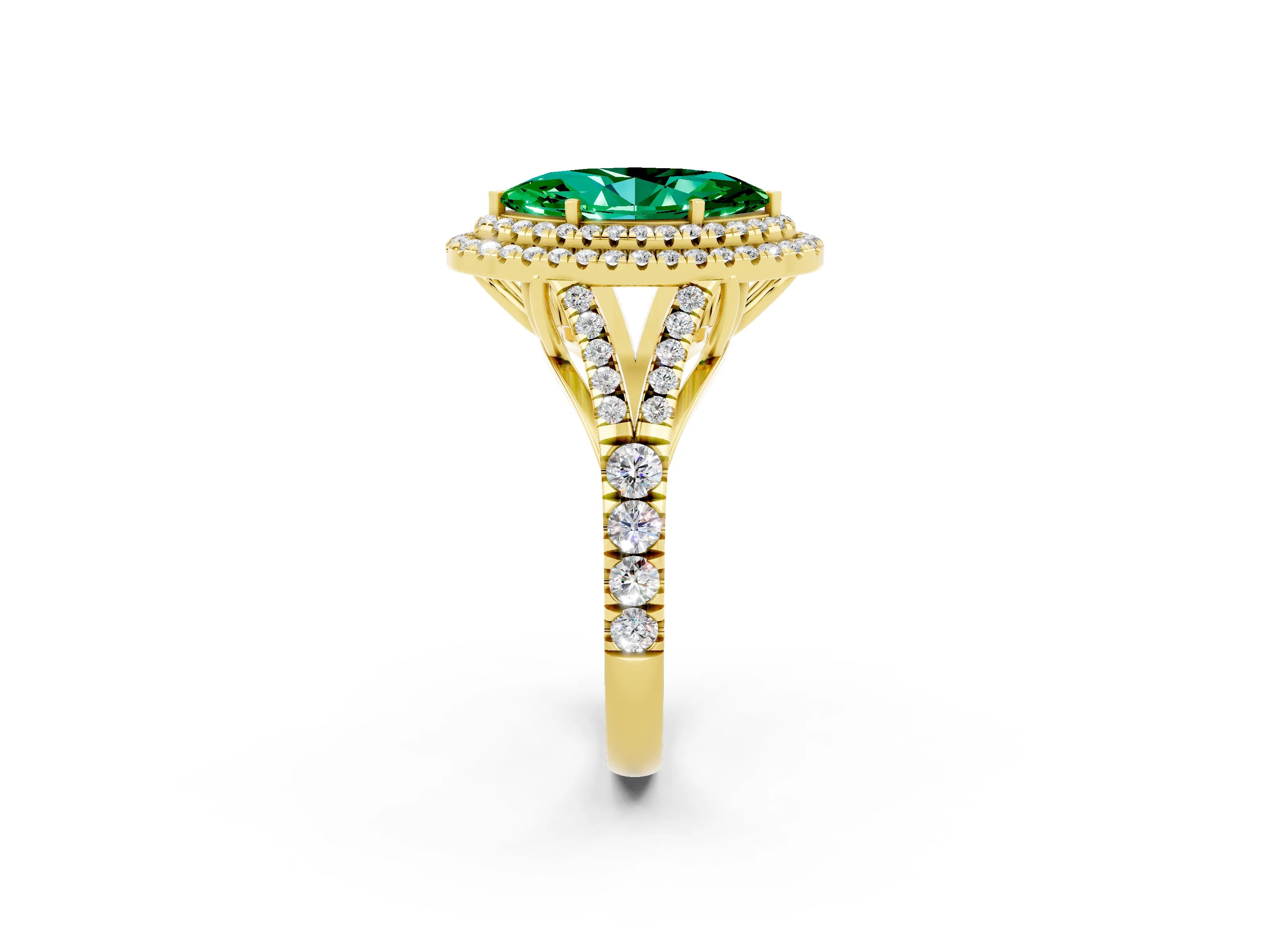 Yellow gold Double Halo Marquise Cut Emerald Split Shank Engagement Ring with Four-Prong Setting_2