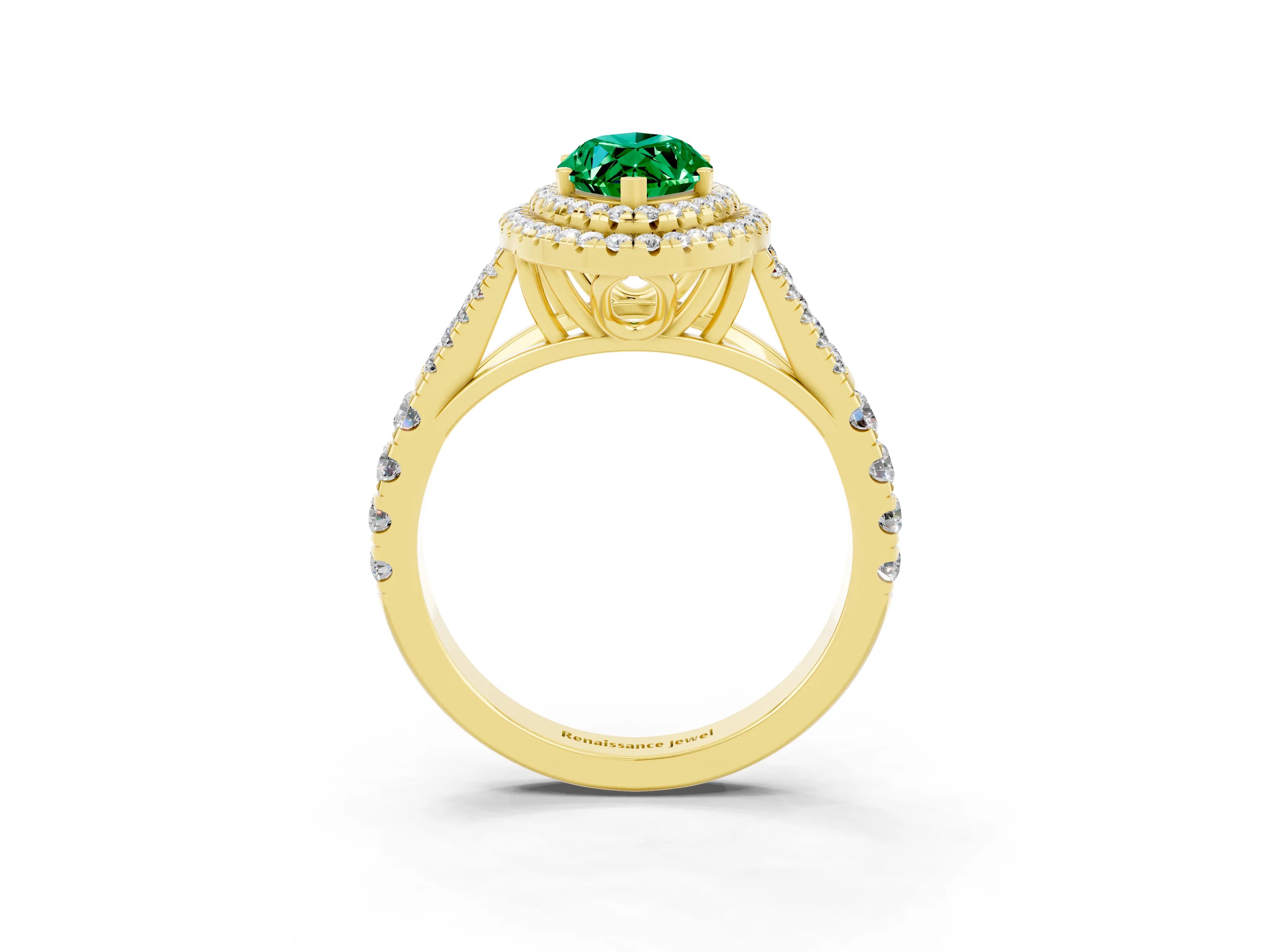Yellow gold Double Halo Marquise Cut Emerald Split Shank Engagement Ring with Four-Prong Setting_3