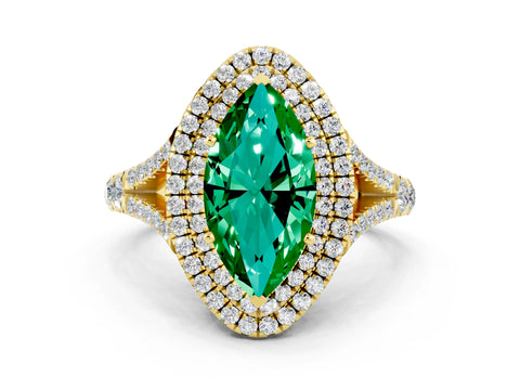 Yellow gold Double Halo Marquise Cut Emerald Split Shank Engagement Ring with Four-Prong Setting