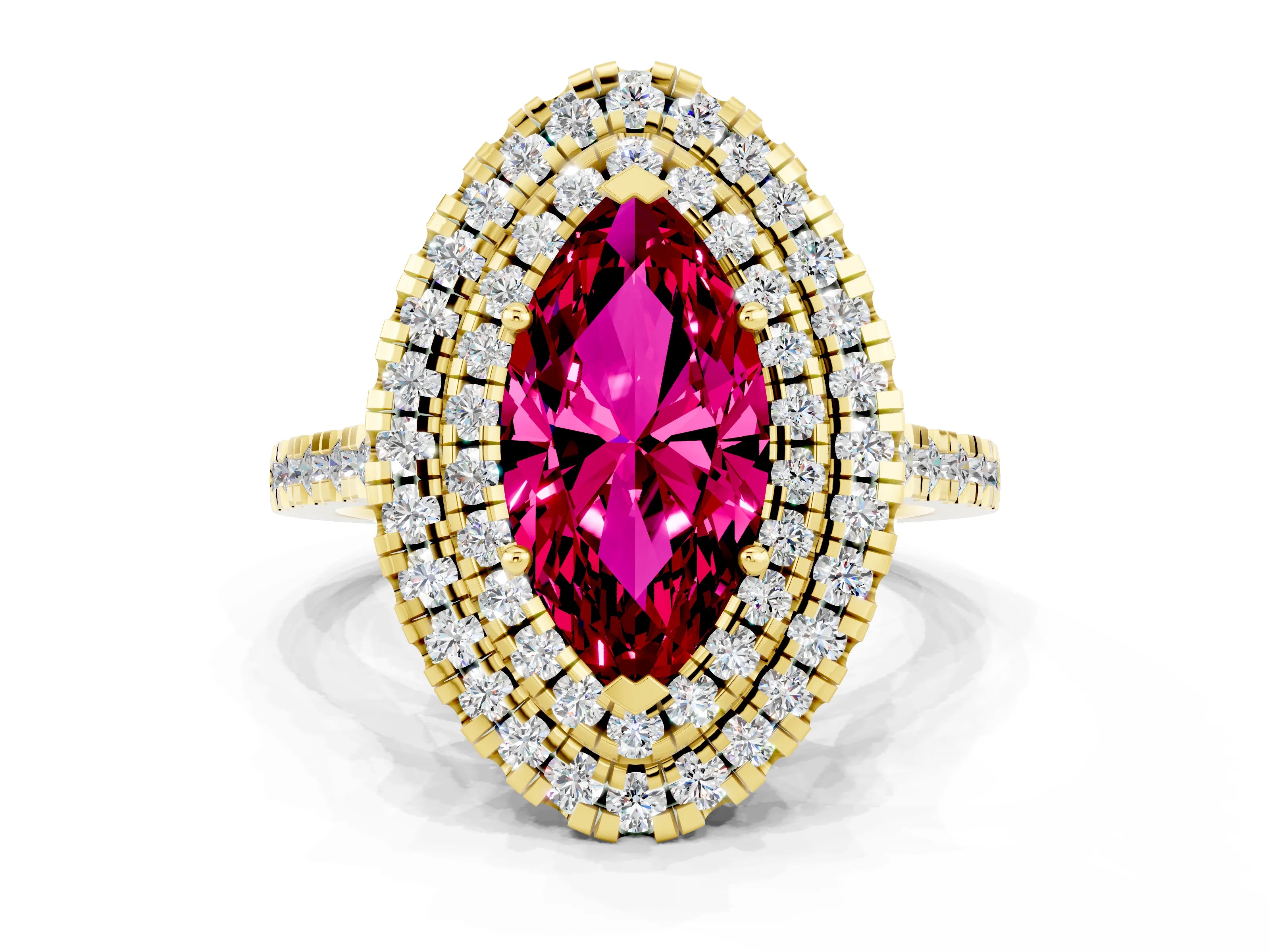 Yellow gold Double Halo Marquise Cut Garnet Pavé Band with Four-Prong Setting