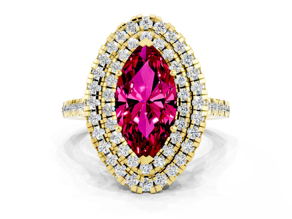 Yellow gold Double Halo Marquise Cut Garnet Pavé Band with Four-Prong Setting