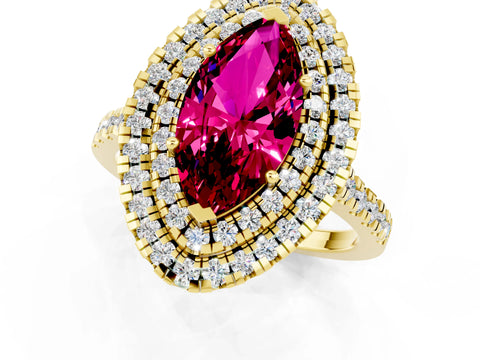 Yellow gold Double Halo Marquise Cut Garnet Pavé Band with Four-Prong Setting_1