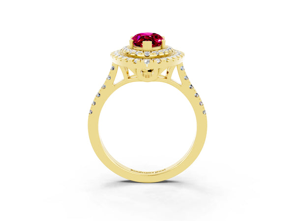 Yellow gold Double Halo Marquise Cut Garnet Pavé Band with Four-Prong Setting