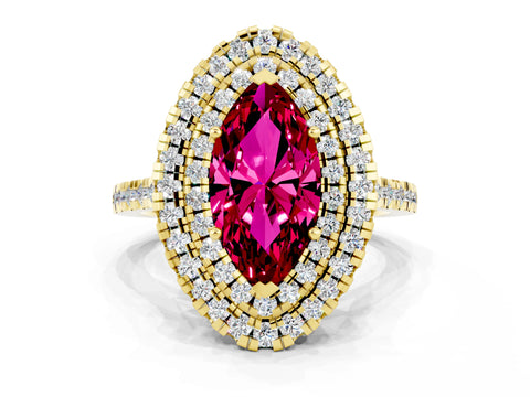 Yellow gold Double Halo Marquise Cut Garnet Pavé Band with Four-Prong Setting