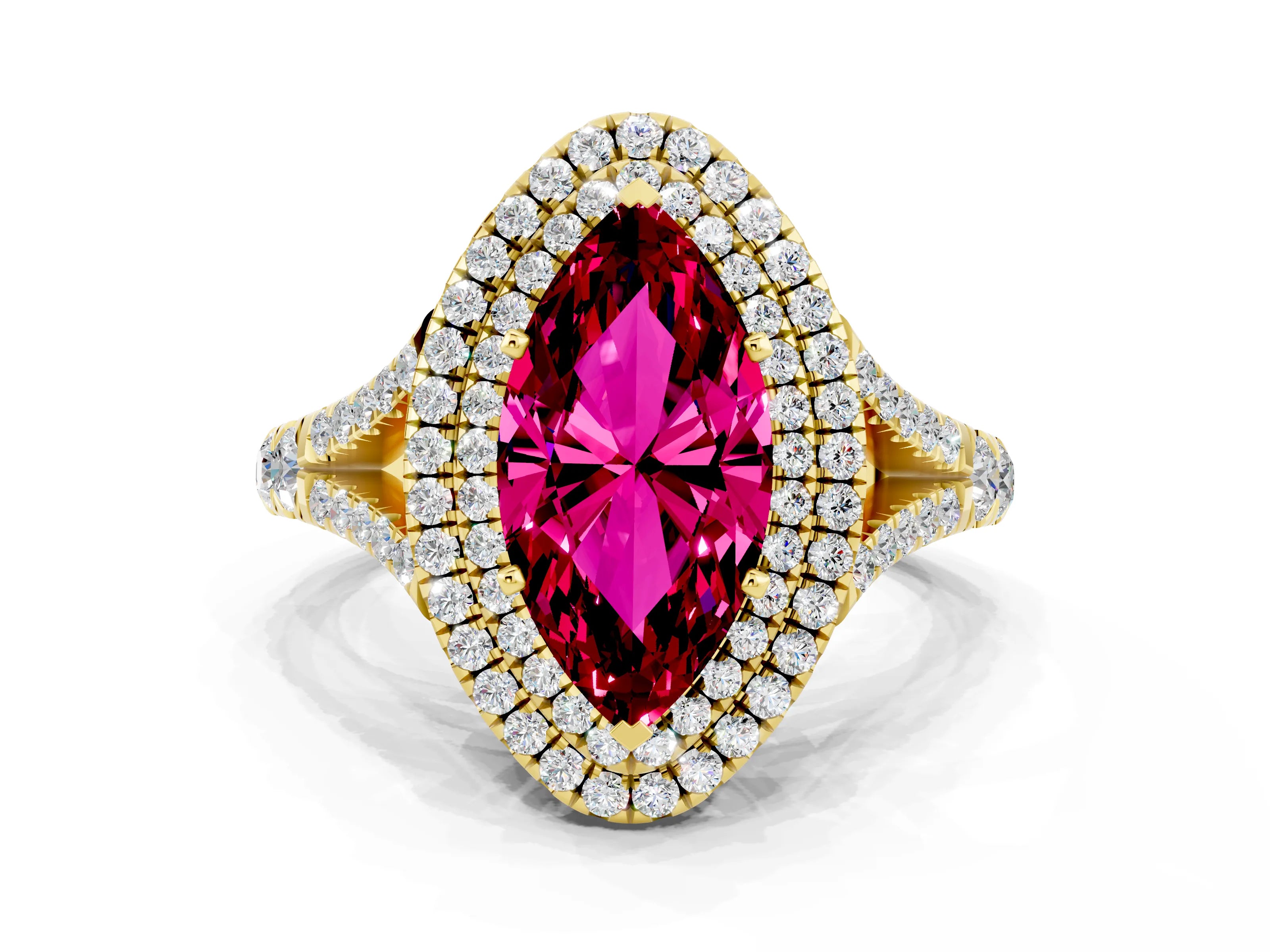 Yellow gold Double Halo Marquise Cut Garnet Pavé Split Shank Ring with Prong Setting
