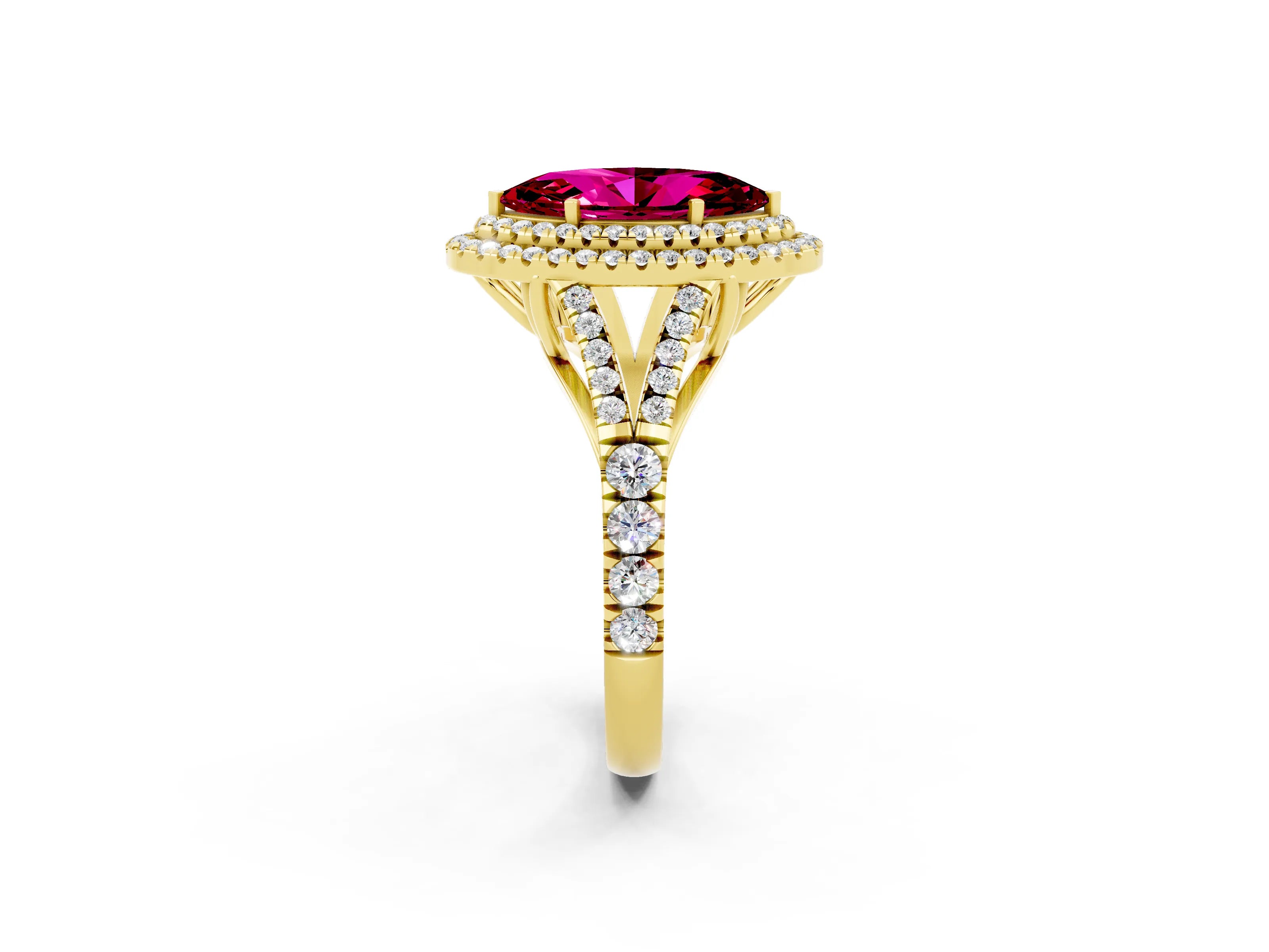 Yellow gold Double Halo Marquise Cut Garnet Pavé Split Shank Ring with Prong Setting_2
