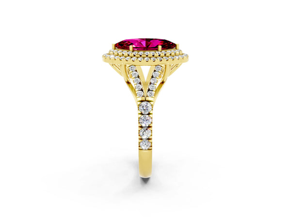 Yellow gold Double Halo Marquise Cut Garnet Pavé Split Shank Ring with Prong Setting