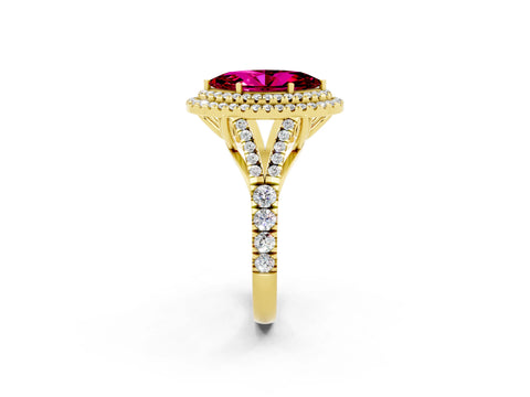 Yellow gold Double Halo Marquise Cut Garnet Pavé Split Shank Ring with Prong Setting_2