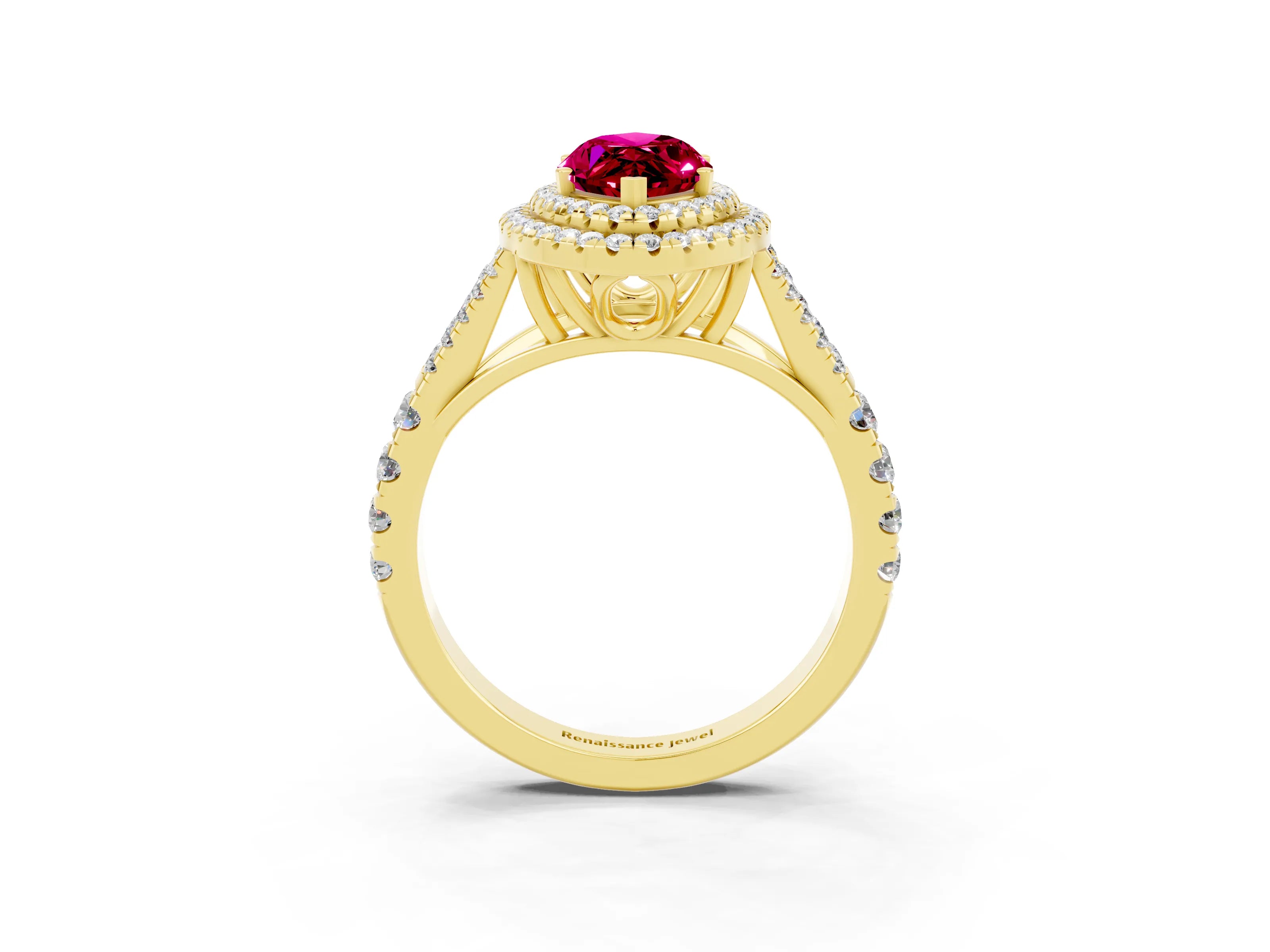 Yellow gold Double Halo Marquise Cut Garnet Pavé Split Shank Ring with Prong Setting_3