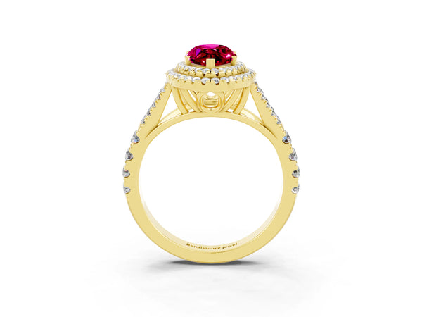 Yellow gold Double Halo Marquise Cut Garnet Pavé Split Shank Ring with Prong Setting