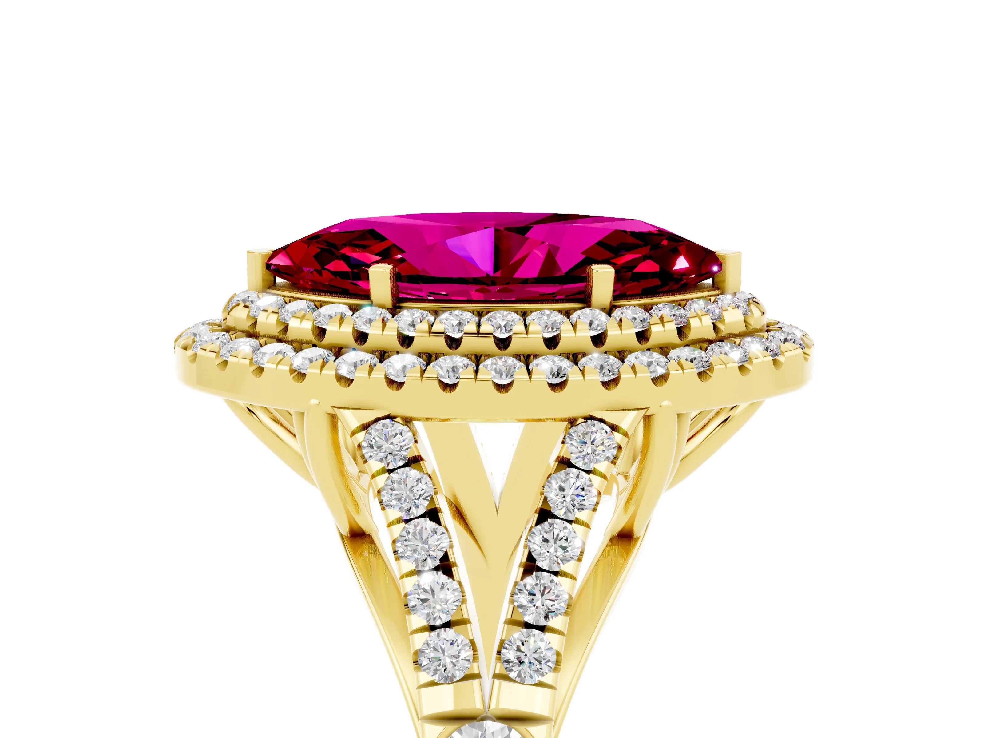 Yellow gold Double Halo Marquise Cut Garnet Pavé Split Shank Ring with Prong Setting_5