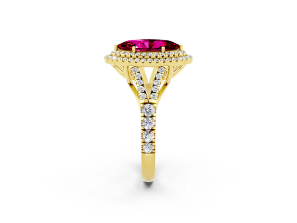 Yellow gold Double Halo Marquise Cut Garnet Split Shank Engagement Ring with Four-Prong Setting