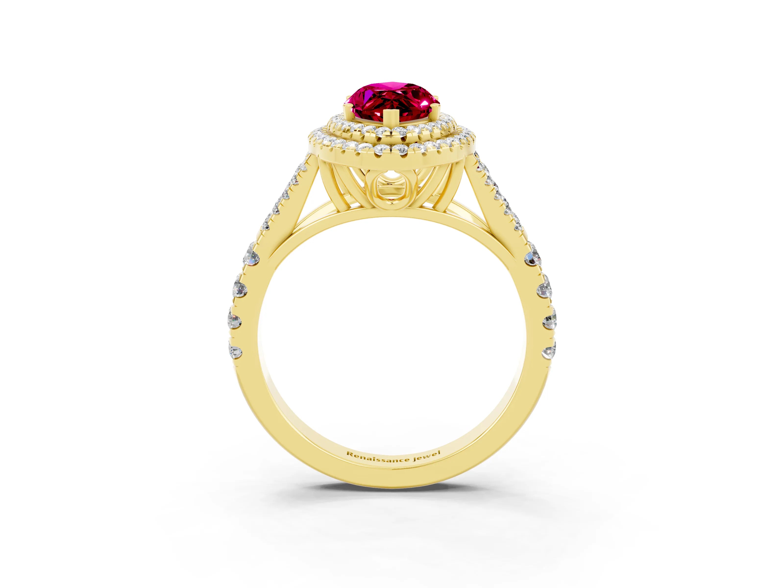 Yellow gold Double Halo Marquise Cut Garnet Split Shank Engagement Ring with Four-Prong Setting_3