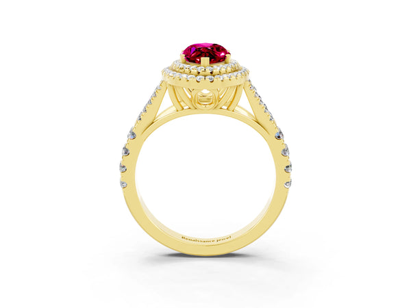 Yellow gold Double Halo Marquise Cut Garnet Split Shank Engagement Ring with Four-Prong Setting
