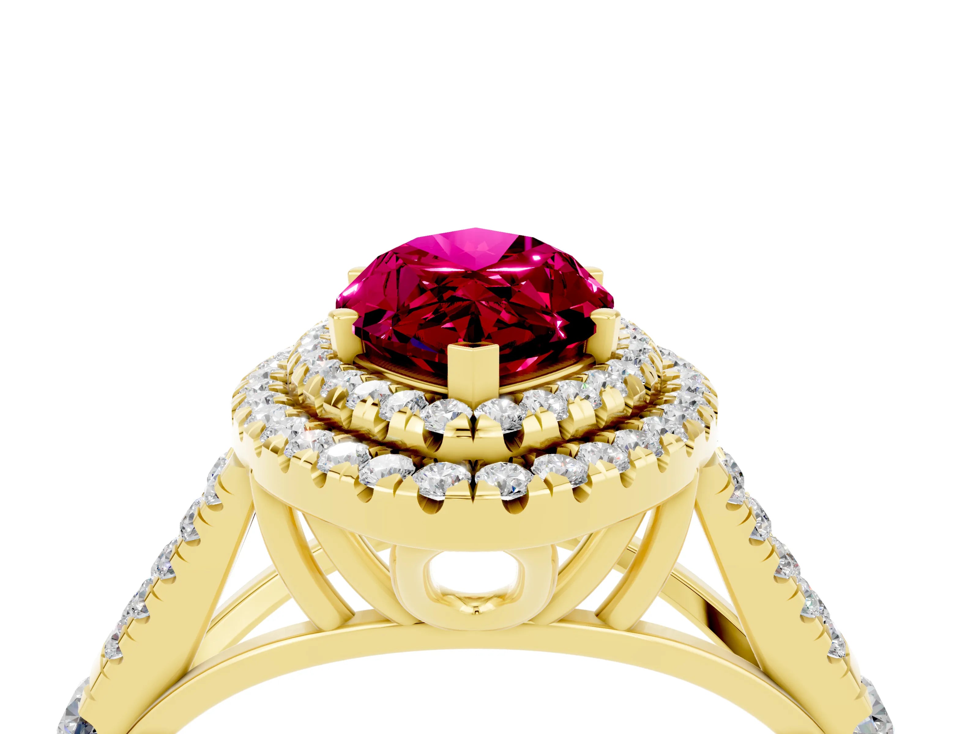 Yellow gold Double Halo Marquise Cut Garnet Split Shank Engagement Ring with Four-Prong Setting_4