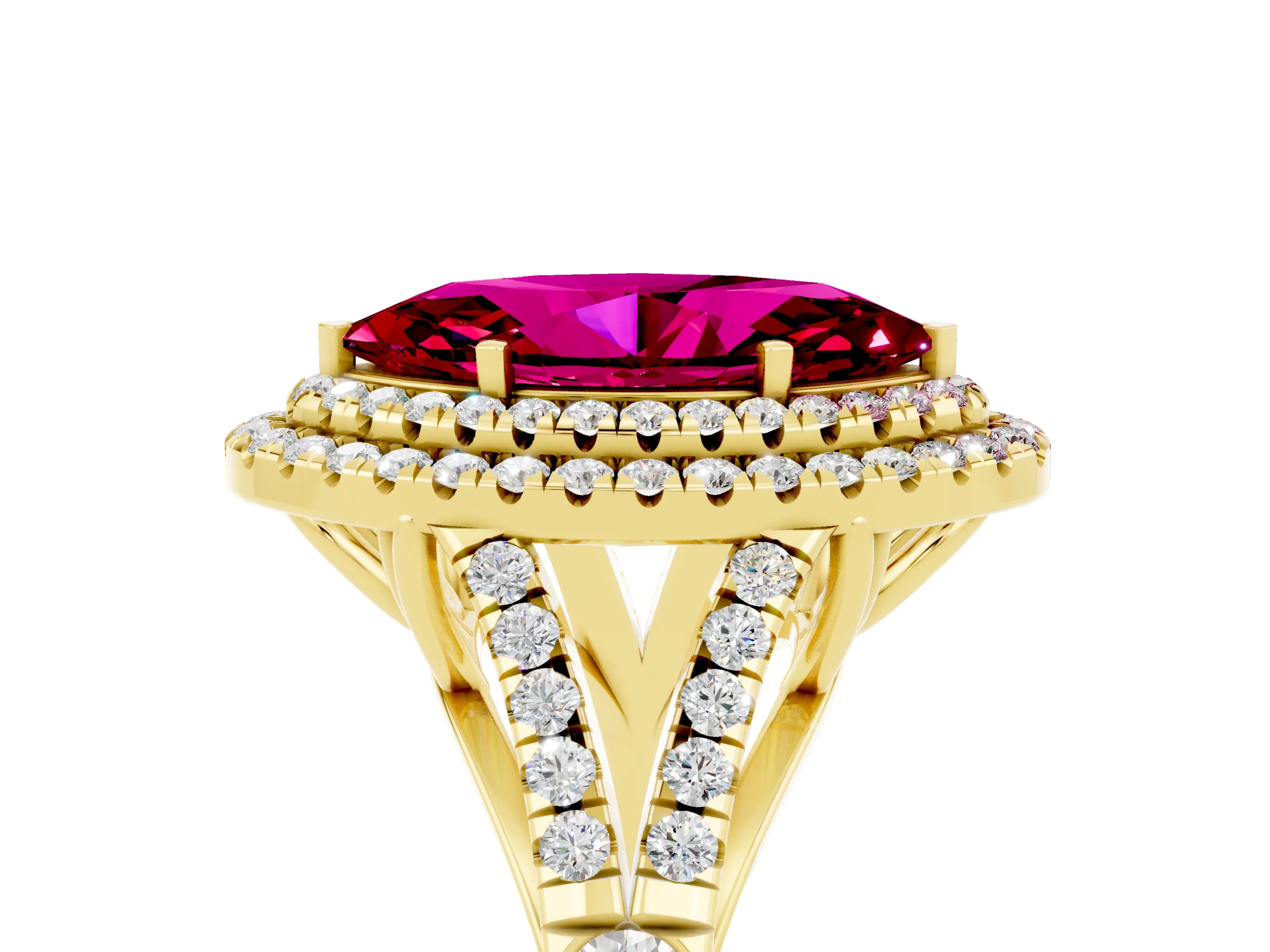 Yellow gold Double Halo Marquise Cut Garnet Split Shank Engagement Ring with Four-Prong Setting_5