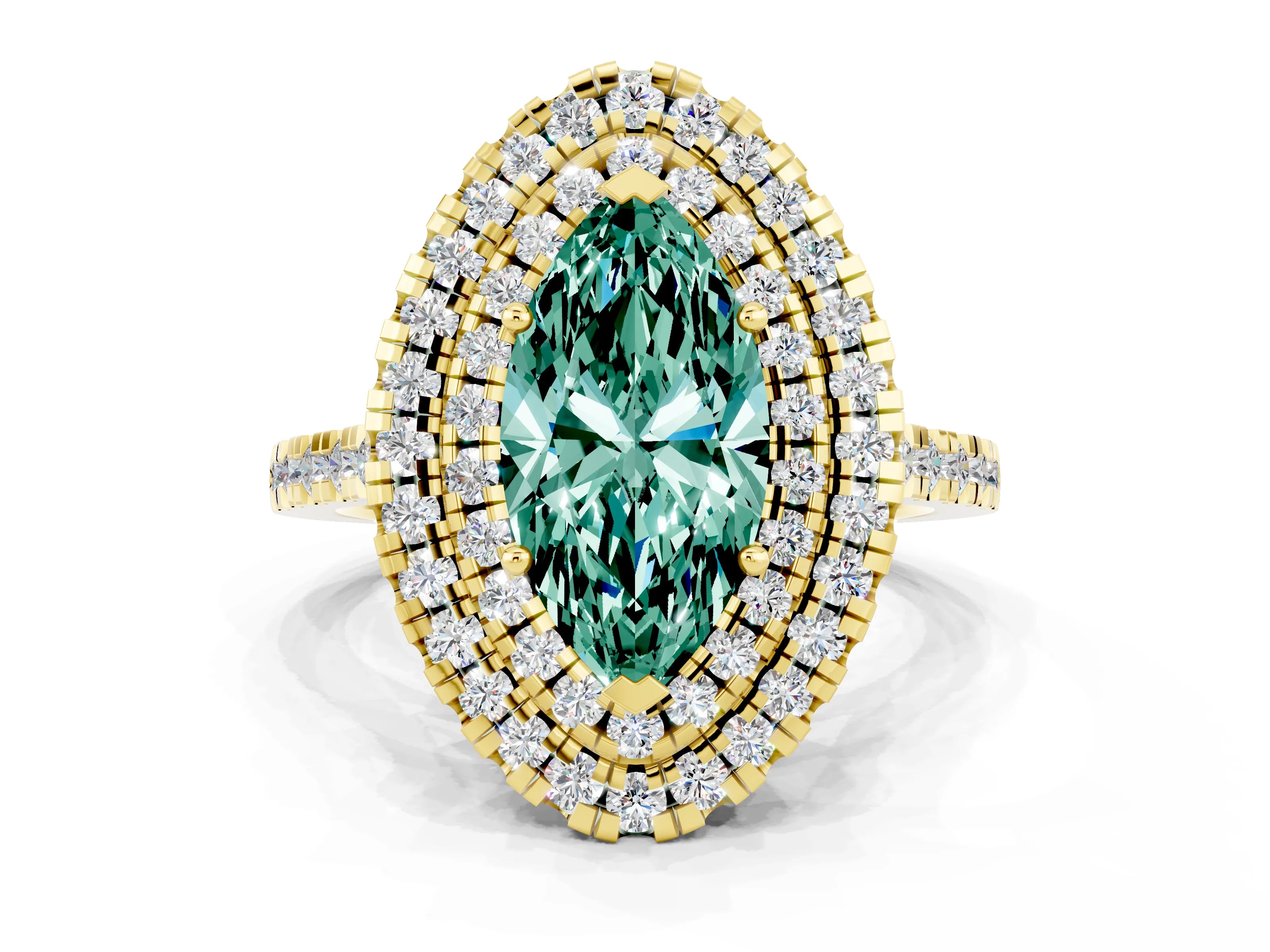 Yellow gold Double Halo Marquise Cut Green Sapphire Pavé Band with Four-Prong Setting