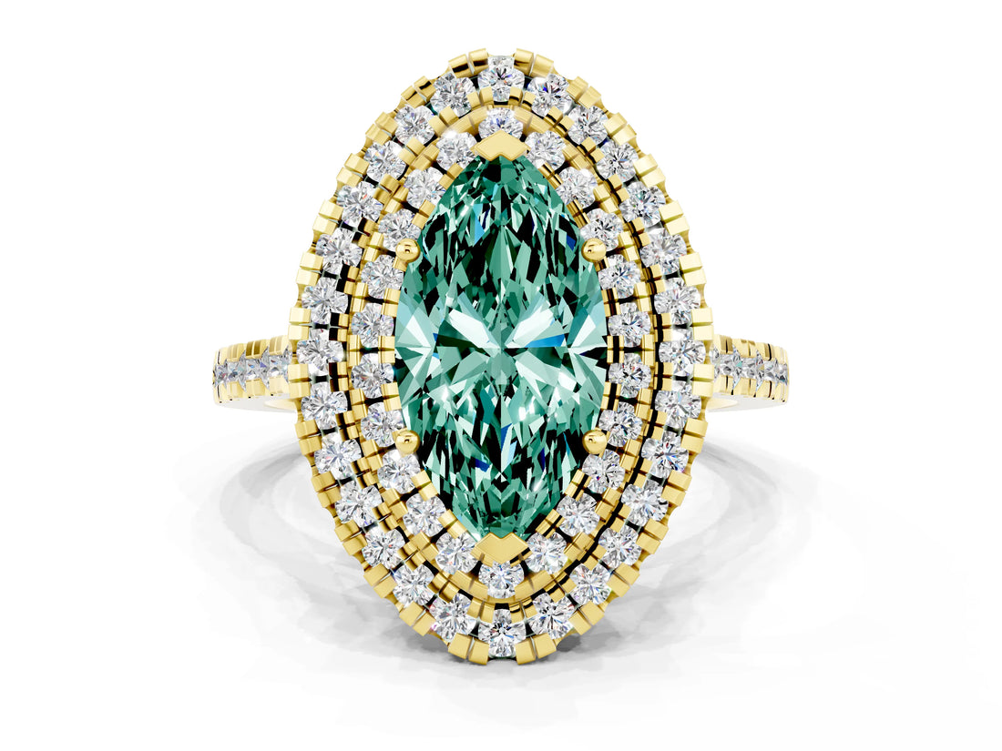 Yellow gold Double Halo Marquise Cut Green Sapphire Pavé Band with Four-Prong Setting