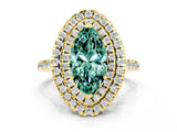 Yellow gold Double Halo Marquise Cut Green Sapphire Pavé Band with Four-Prong Setting