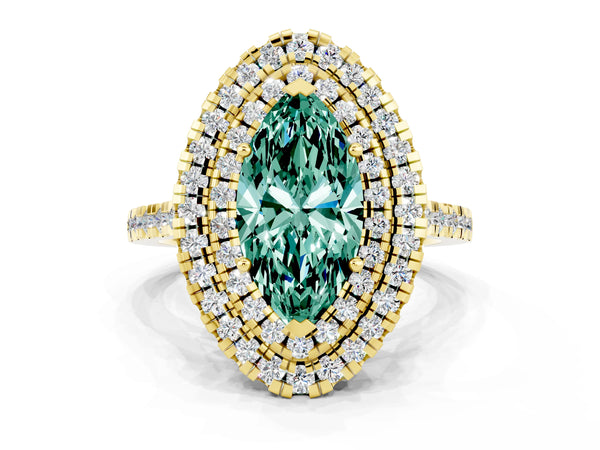 Yellow gold Double Halo Marquise Cut Green Sapphire Pavé Band with Four-Prong Setting