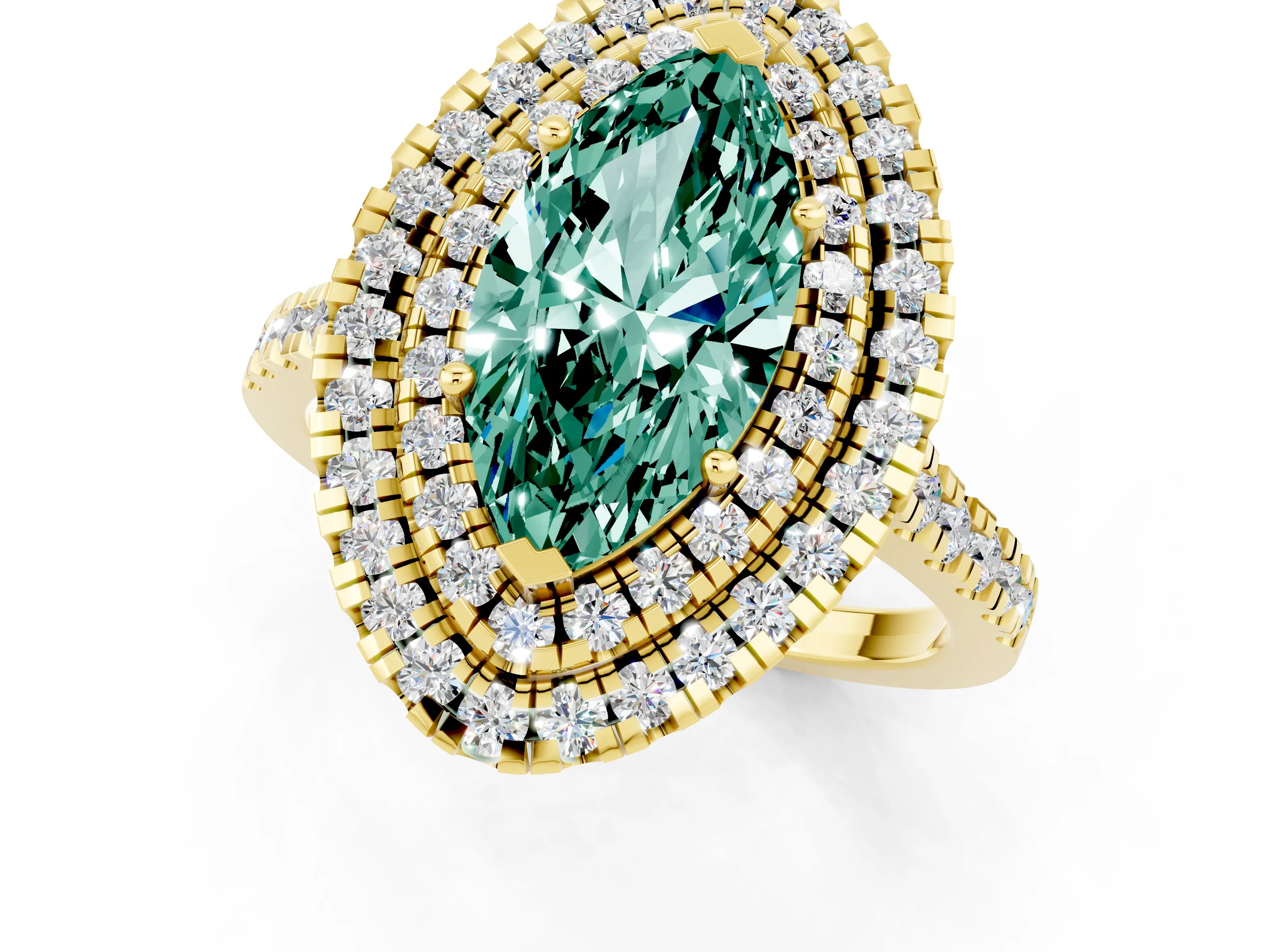 Yellow gold Double Halo Marquise Cut Green Sapphire Pavé Band with Four-Prong Setting_1