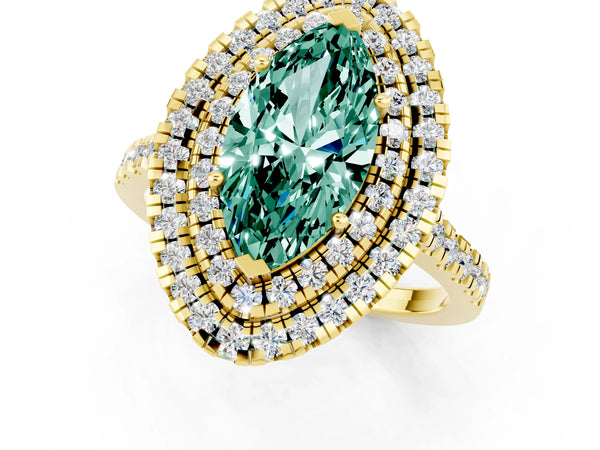 Yellow gold Double Halo Marquise Cut Green Sapphire Pavé Band with Four-Prong Setting