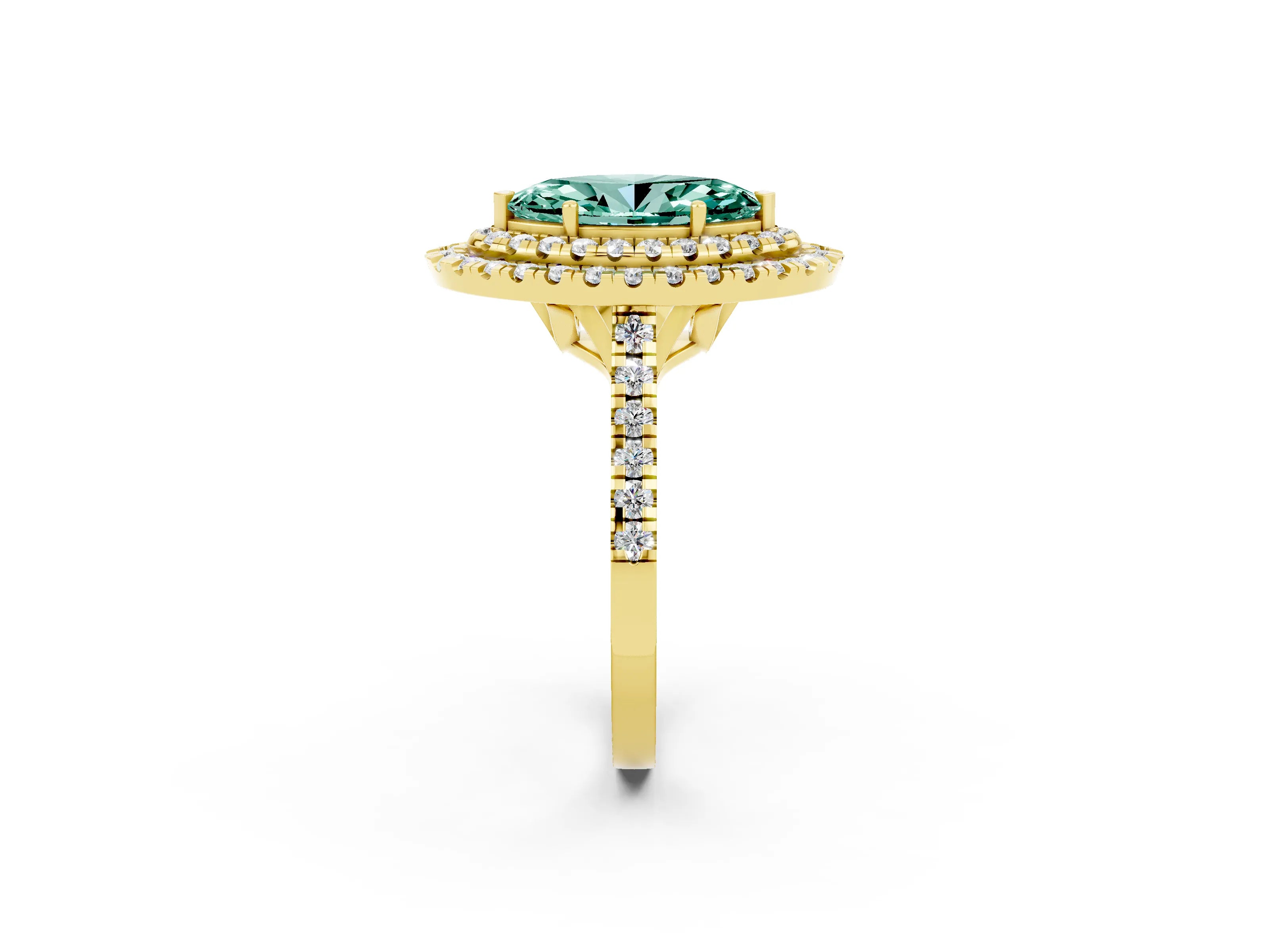 Yellow gold Double Halo Marquise Cut Green Sapphire Pavé Band with Four-Prong Setting_2