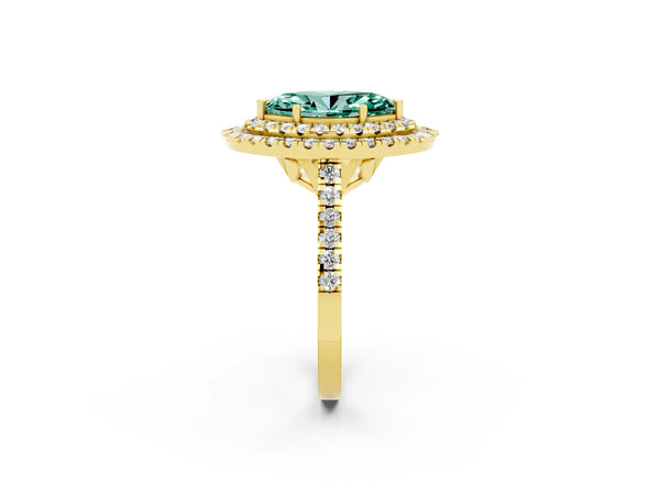 Yellow gold Double Halo Marquise Cut Green Sapphire Pavé Band with Four-Prong Setting