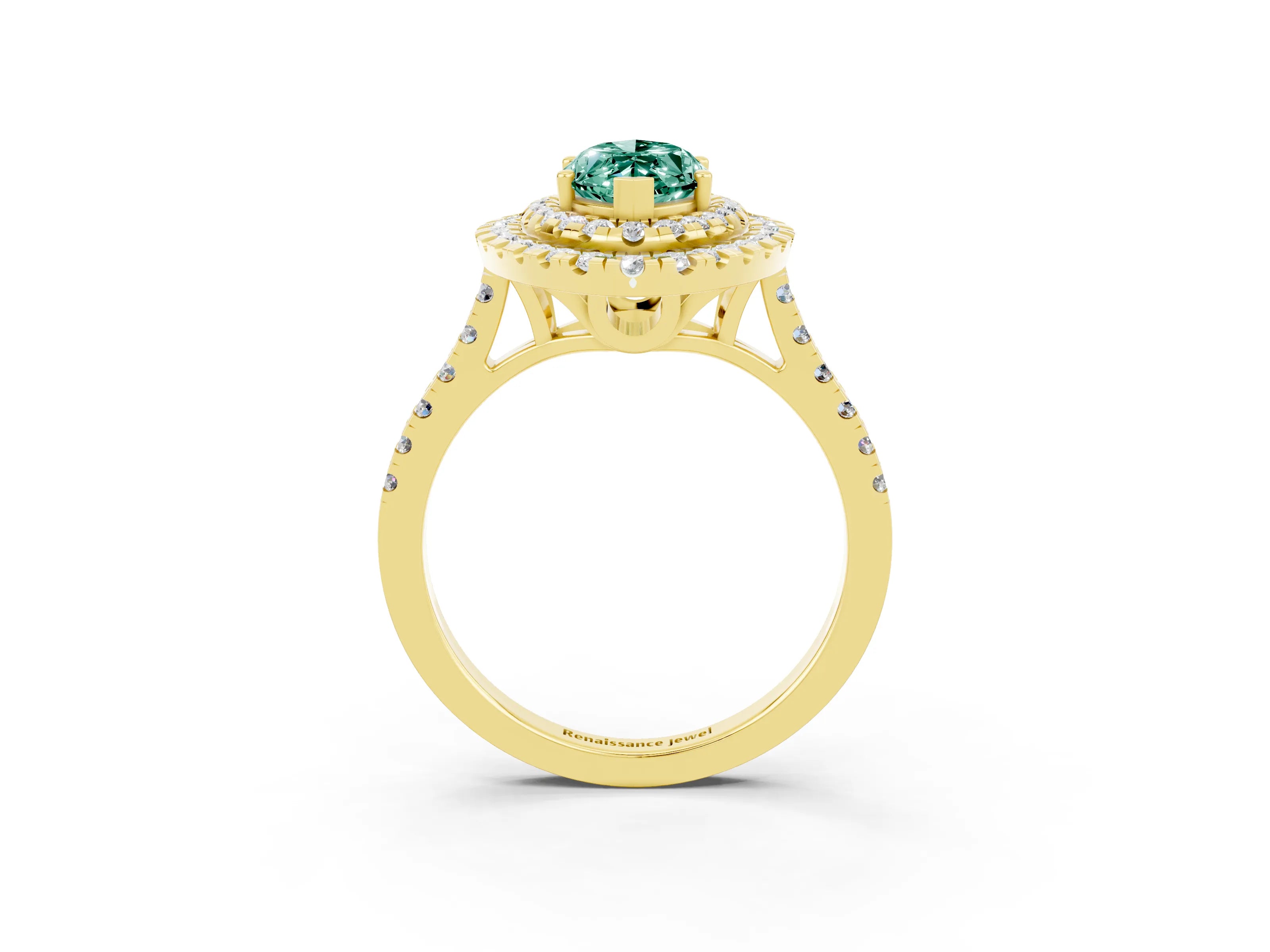 Yellow gold Double Halo Marquise Cut Green Sapphire Pavé Band with Four-Prong Setting_3