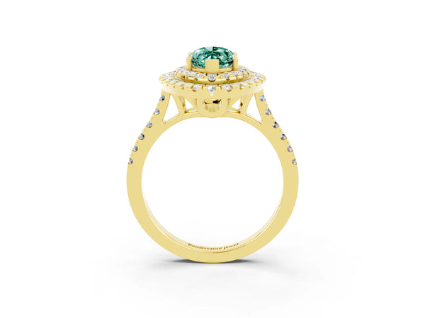Yellow gold Double Halo Marquise Cut Green Sapphire Pavé Band with Four-Prong Setting