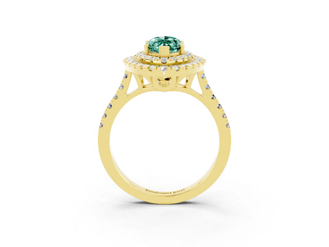 Yellow gold Double Halo Marquise Cut Green Sapphire Pavé Band with Four-Prong Setting_3