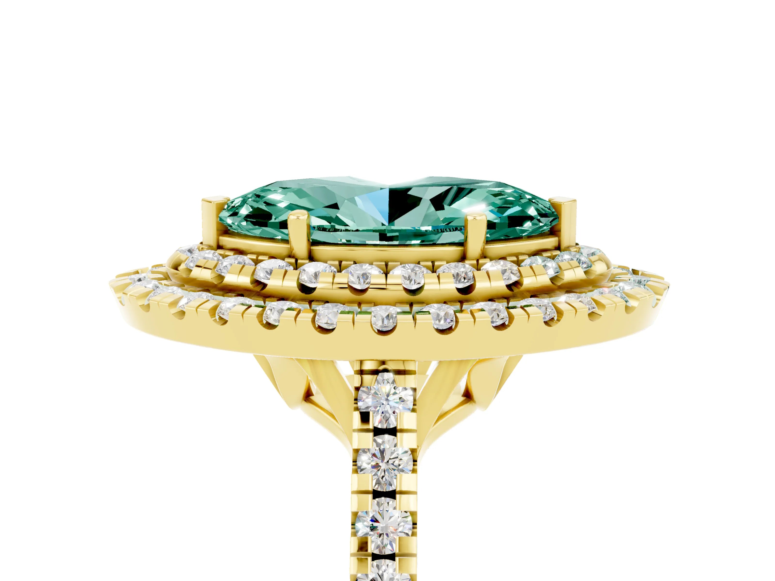 Yellow gold Double Halo Marquise Cut Green Sapphire Pavé Band with Four-Prong Setting_5