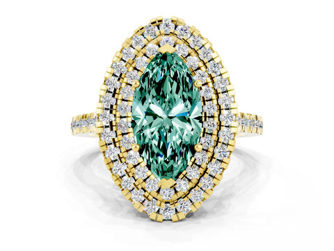 Yellow gold Double Halo Marquise Cut Green Sapphire Pavé Band with Four-Prong Setting