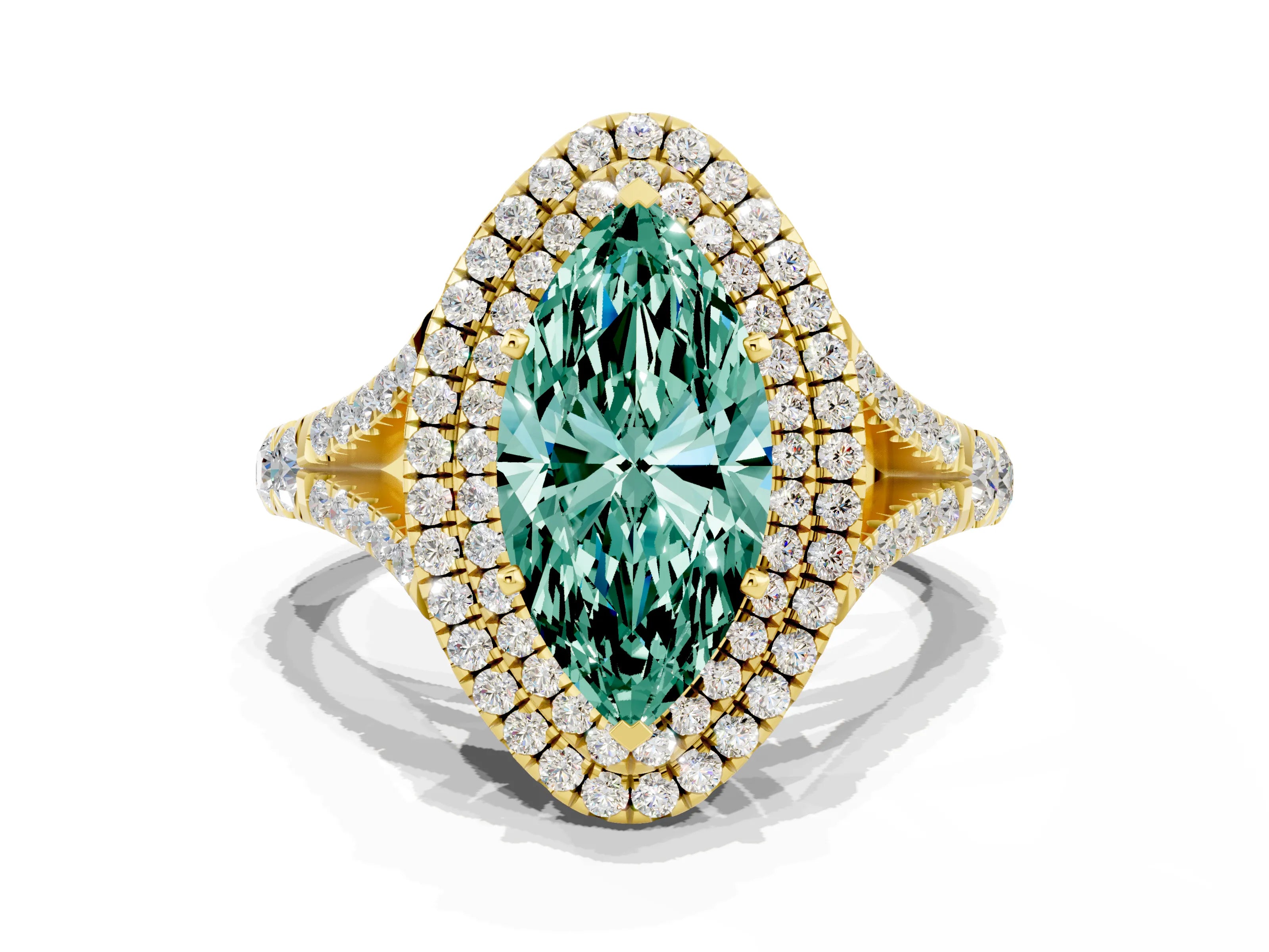 Yellow gold Double Halo Marquise Cut Green Sapphire Pavé Split Shank Ring with Prong Setting