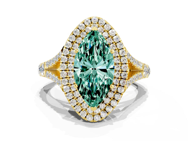 Yellow gold Double Halo Marquise Cut Green Sapphire Pavé Split Shank Ring with Prong Setting