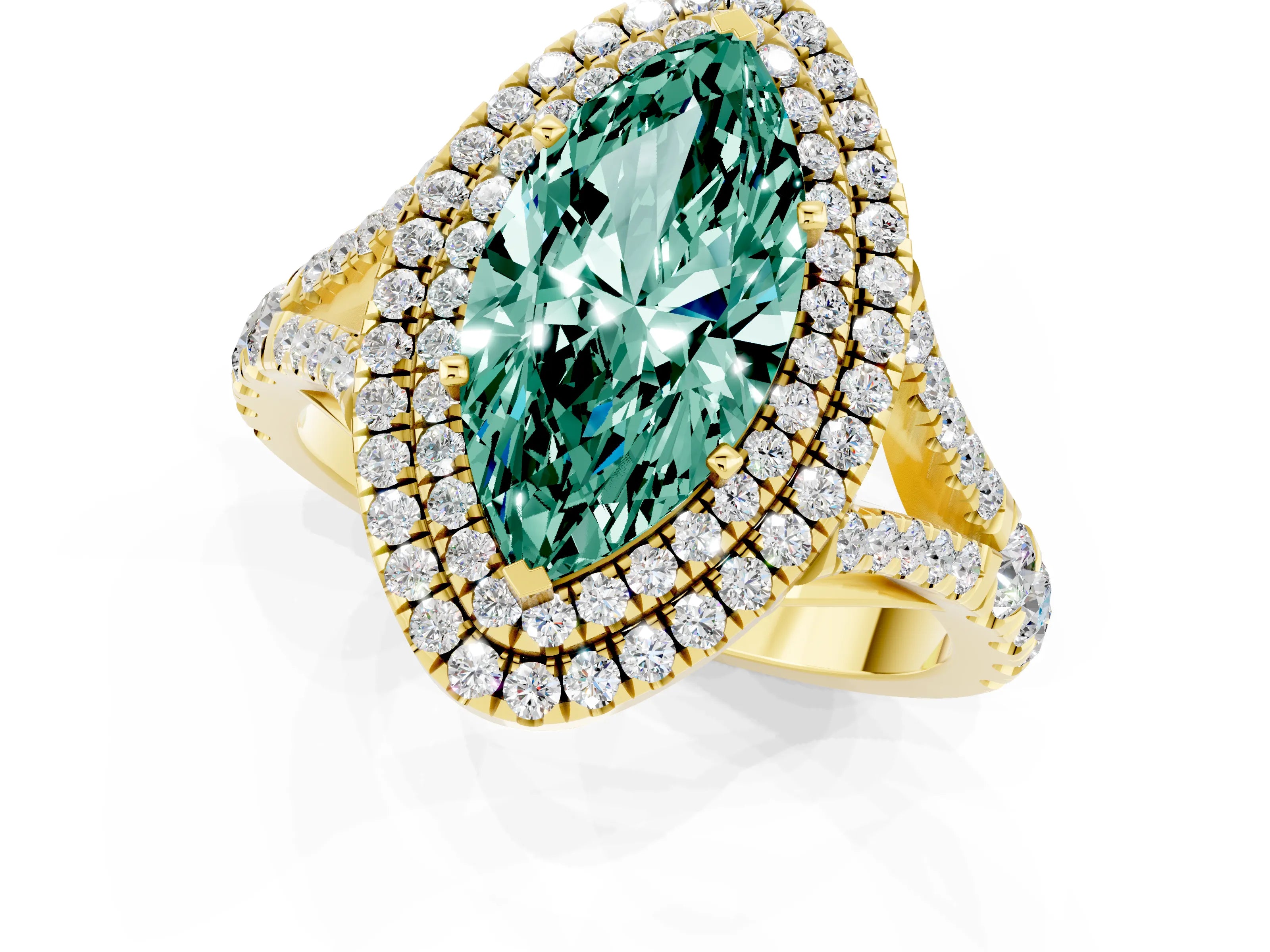 Yellow gold Double Halo Marquise Cut Green Sapphire Pavé Split Shank Ring with Prong Setting_1