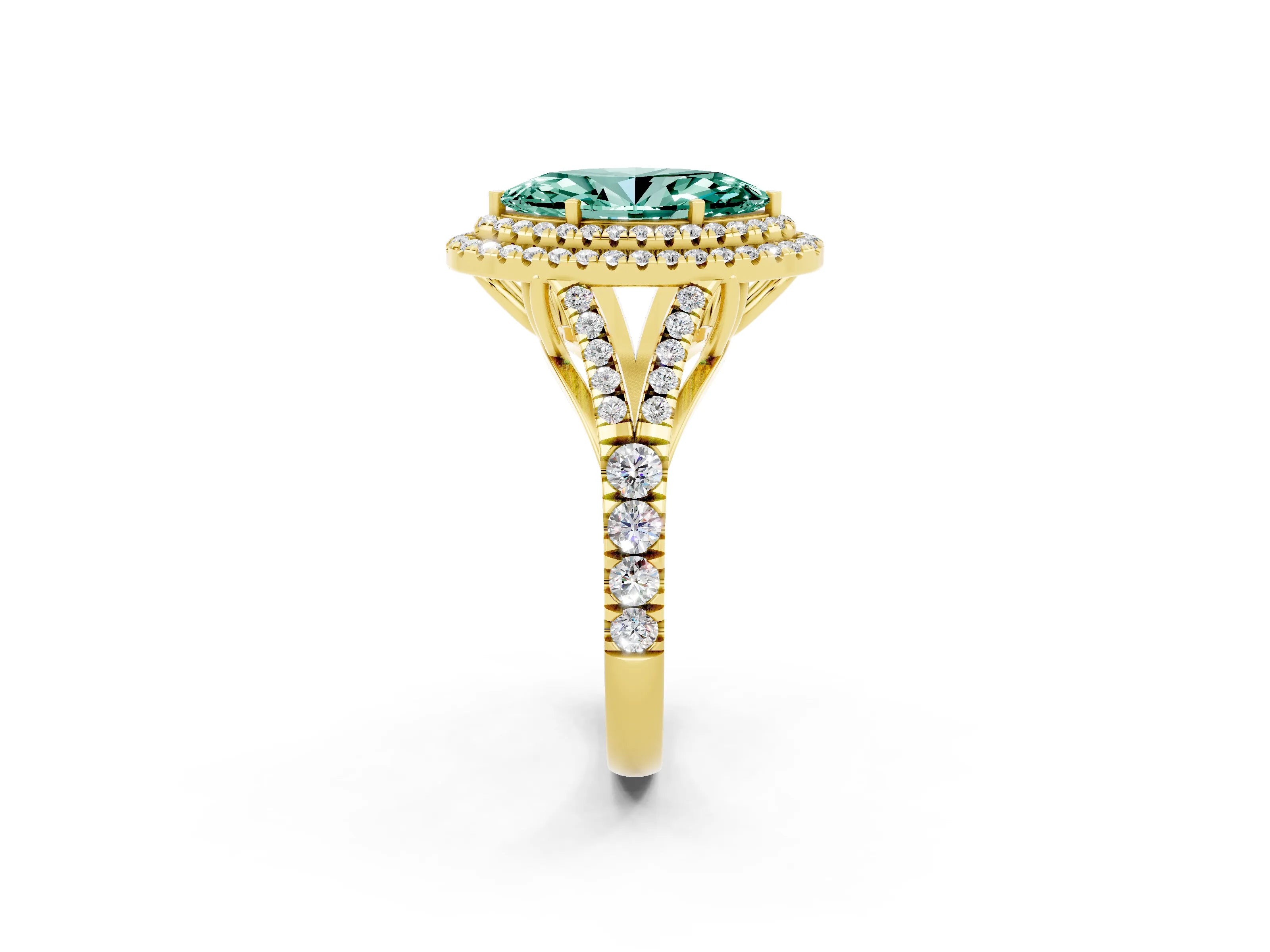 Yellow gold Double Halo Marquise Cut Green Sapphire Pavé Split Shank Ring with Prong Setting_2