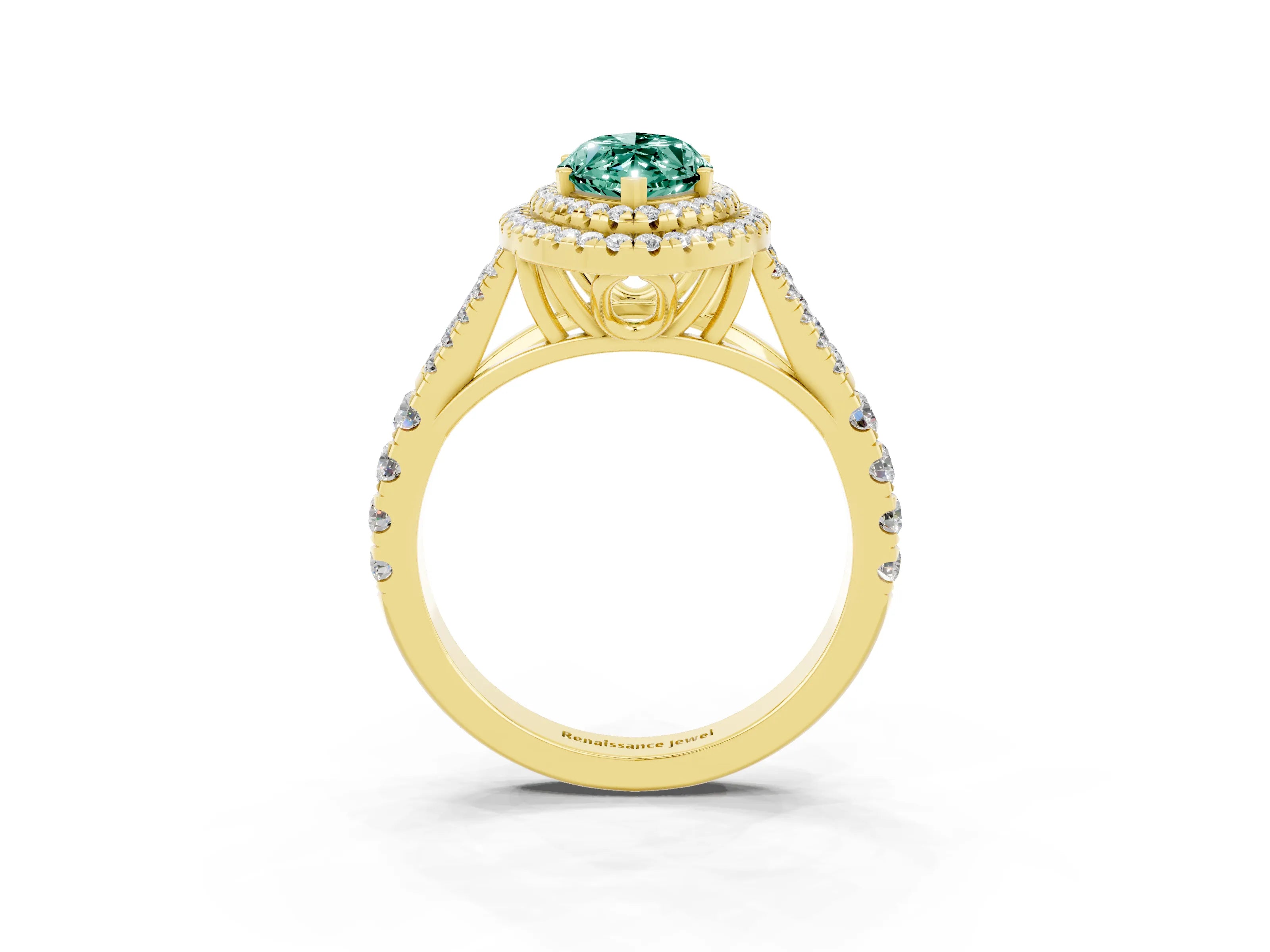 Yellow gold Double Halo Marquise Cut Green Sapphire Pavé Split Shank Ring with Prong Setting_3
