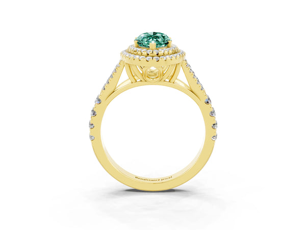 Yellow gold Double Halo Marquise Cut Green Sapphire Pavé Split Shank Ring with Prong Setting